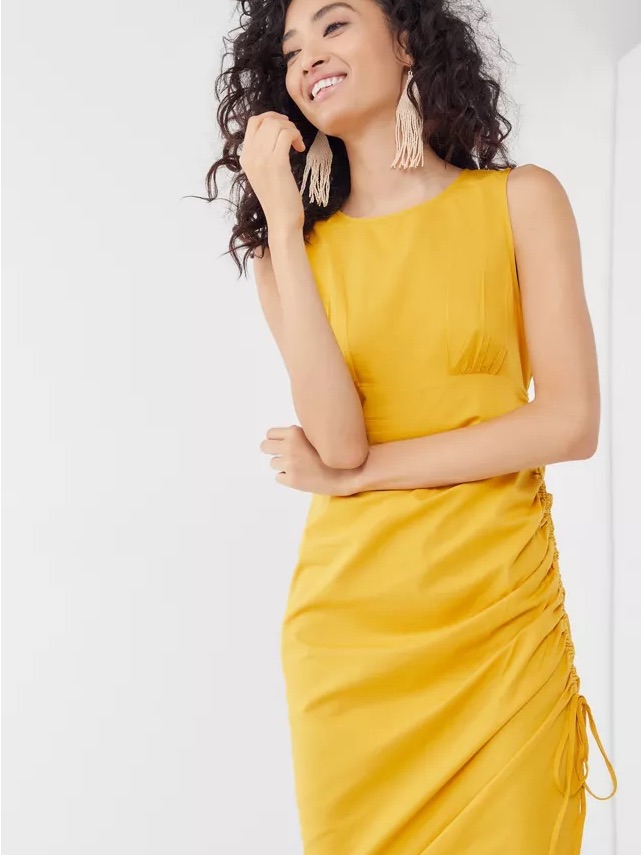 Urban Outfitters Mustard Yellow Ruched Midi Dress Size M